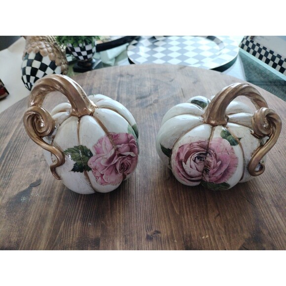 Pair of Whimscal Resin Pumpkins Pink Roses 5" & 6"  Shabby Chic Decoupaged By Me - Picture 1 of 4